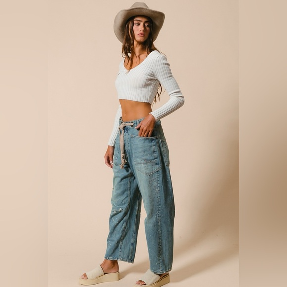 NWT BRAIDED WAIST BELT DRIP PAINTING DETAIL WASHED DENIM PANTS BARREL JEANS - Picture 5 of 12